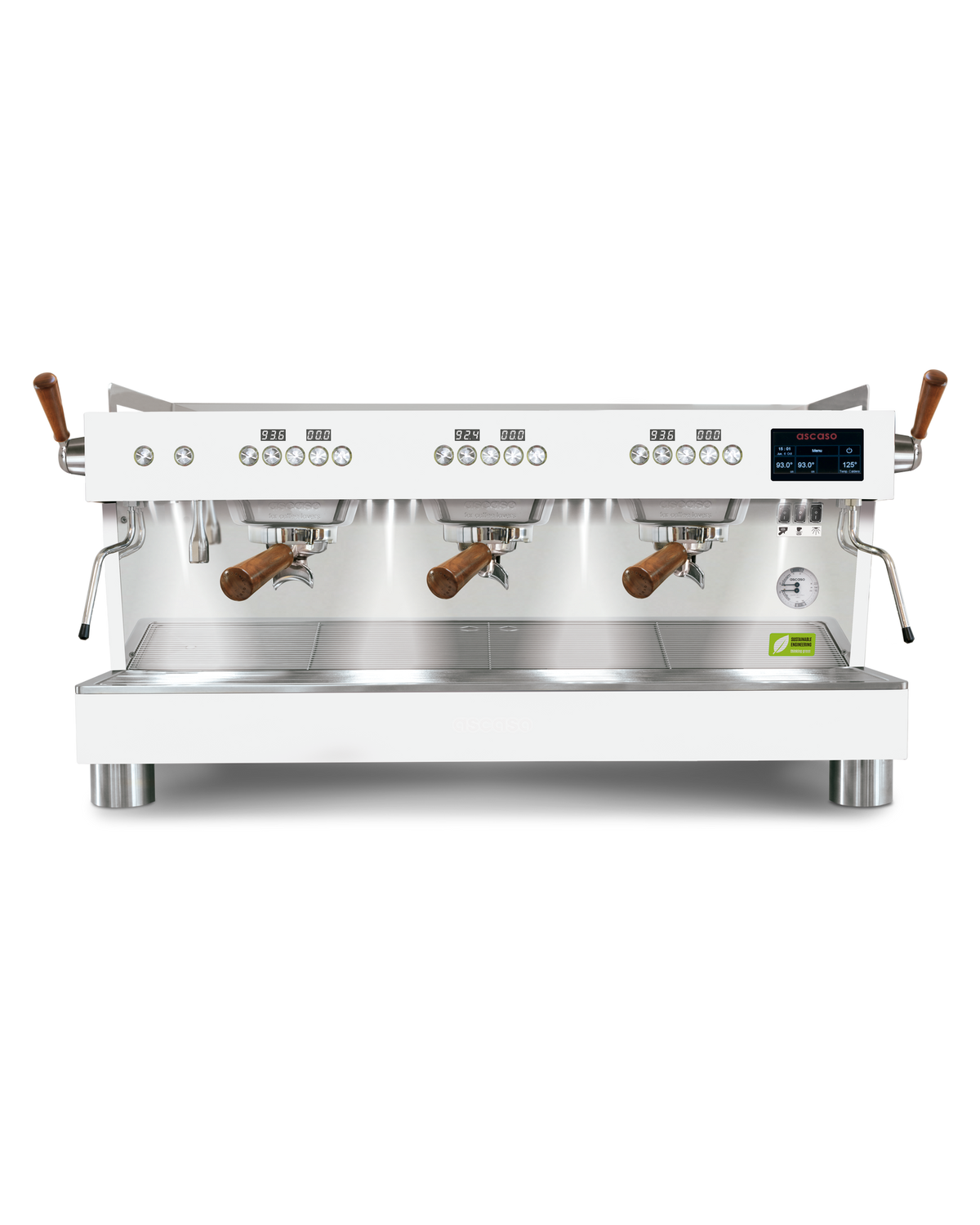 Ascaso Barista T PRO 3 group commercial espresso machine in white with wooden portafilter handles