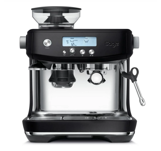 The Sage The Barista Pro Espresso Machine in Black Truffle features a digital display, integrated conical burr grinder, ThermoJet heating system, intuitive buttons, right-side steam wand, and front portafilter holder. An elegant Sage logo adorns the side.