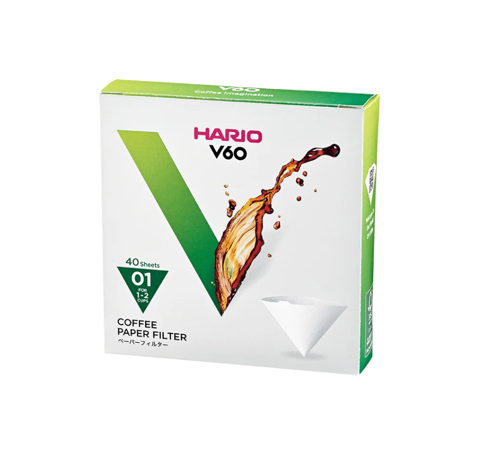 Hario V60 Coffee Filter Papers - Size 01, White, come in a 40-pack. With packaging featuring a coffee splash forming a V, they’re perfect for ensuring an excellent brew with the Hario V60 dripper for 1-2 cup sizes.