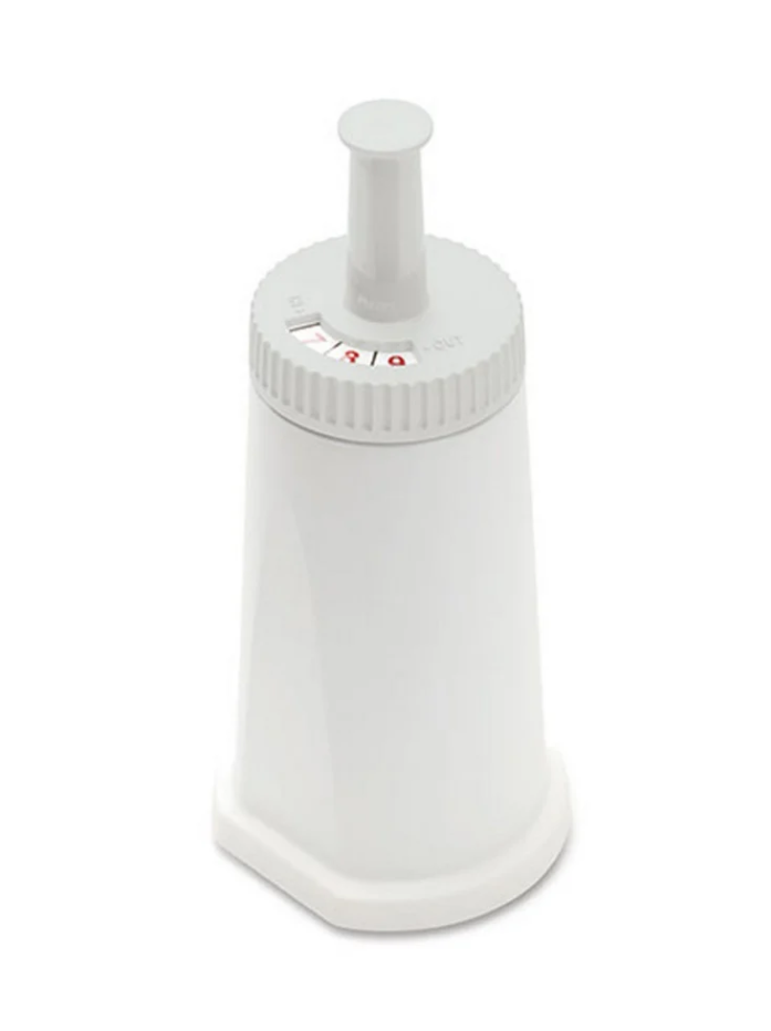 The Sage ClaroSwiss Water Filter, a white conical kitchen tool with a plunger, is perfect for espresso machines. It offers stability, and its adjustable dial has settings from 1 to 8.