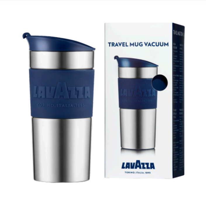 The Lavazza Travel Mug - 350ml, made of stainless steel with a blue lid and band for excellent temperature retention, is displayed alongside its box labeled Travel Mug Vacuum, featuring an image of this chic reusable cup.