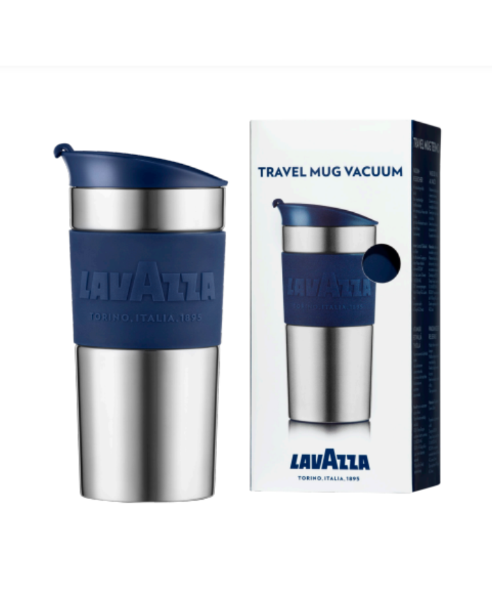 Lavazza stainless steel travel mug 350ml with blue lid, shown with its box