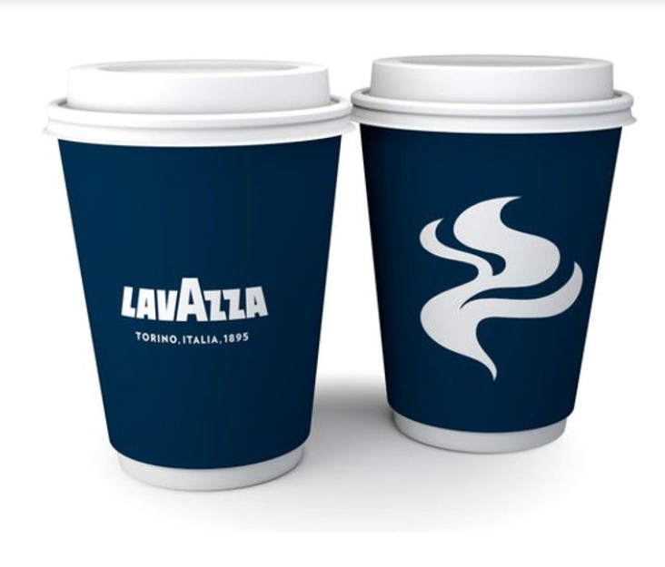 Two 12oz Lavazza On-The-Move takeaway cups, dark blue with white lids and sturdy bases, stand ready. The left features the Lavazza logo with Torino, Italia, 1895, while the right has a stylish white flame—perfect for your coffee ritual.