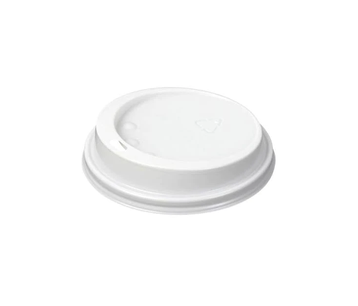 The Double Walled Takeaway Cup Sip Lid by Lavazza, compatible with 12oz/16oz cups, is white plastic with a sipping hole and raised edge. It features a triangular recycling symbol and circular indentations against a plain white backdrop. Comes in packs of 1000 pieces.