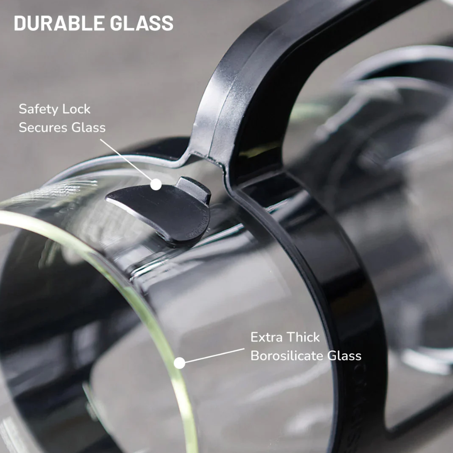 Close-up of the ESPRO P3 French Press Coffee Maker in black, featuring a durable glass container with a black handle and safety lock. Highlights include Durable Glass, Safety Lock Secures Glass, and Extra Thick Borosilicate Glass for grit-free coffee using micro-mesh filters.