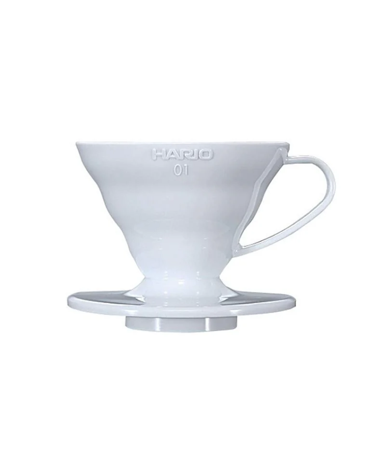 The Hario V60 Plastic Coffee Dripper, Size 01, is ideal for your brewing journey. It features a handle and a conical design with Hario 01 embossed on the side, elegantly showcased against a plain white background.