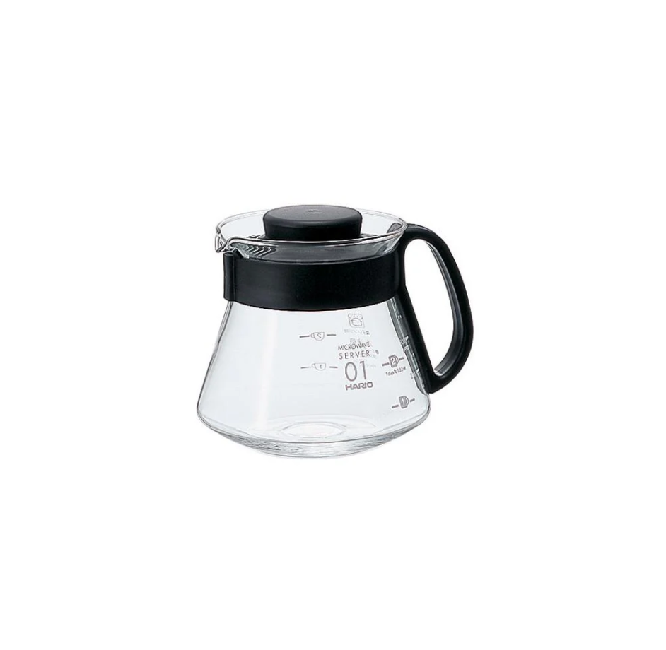 The Hario V60 Glass Coffee Server - Size 01 (360ml) is stylishly crafted from borosilicate glass with a sleek black handle and lid. Featuring clear measurement indicators, its perfectly compatible with your Hario V60 setup and elegantly designed for the modern coffee aficionado.