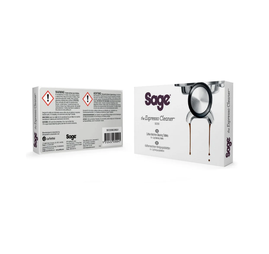 Two boxes of Sage Espresso Machine Cleaning Tablets are shown with both front and back views. The front displays the Sage logo and a portafilter, while the back provides machine cleaning instructions and safety warnings.