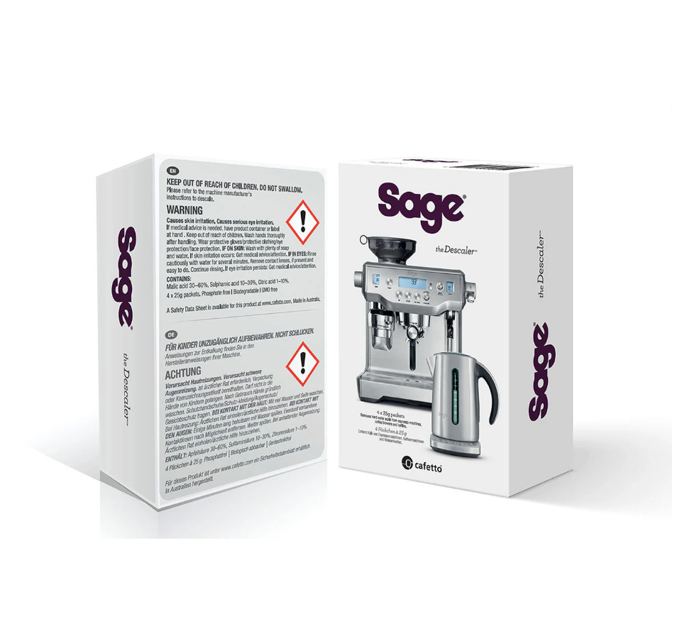 Two white Sage product boxes for the Sage Coffee Machine Descaler. The front shows the descaler, while the back displays safety warnings, hazard symbols, and multilingual text—perfect for maintaining your coffee machine.