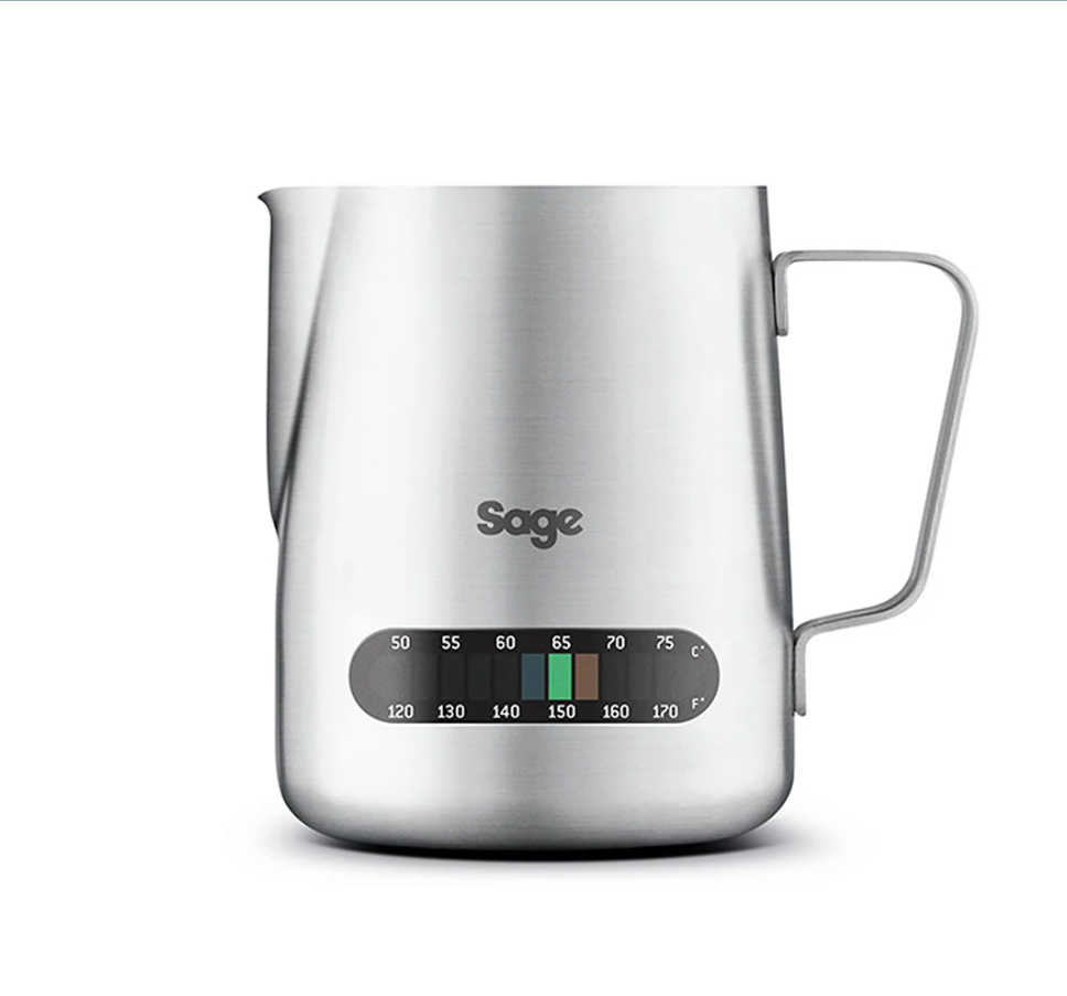 The Sage The Temperature Control Milk Jug by Sage is a stainless steel frothing jug with a built-in thermometer showing Celsius and Fahrenheit. Its handle and spout make it ideal for precise latte art and easy pouring.