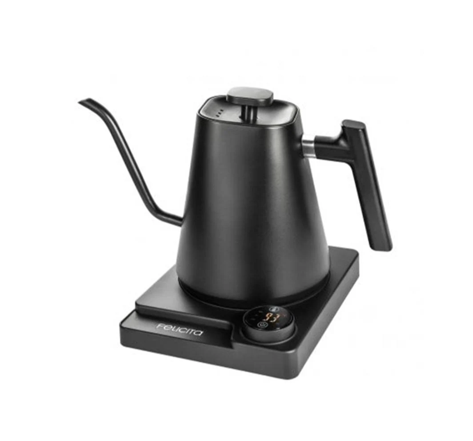 A matte black Felicita Square Temperature Controlled Pour Over Electric Kettle with temperature control and digital display sits on its rectangular base, branded Felicita—ideal for precision brewing.