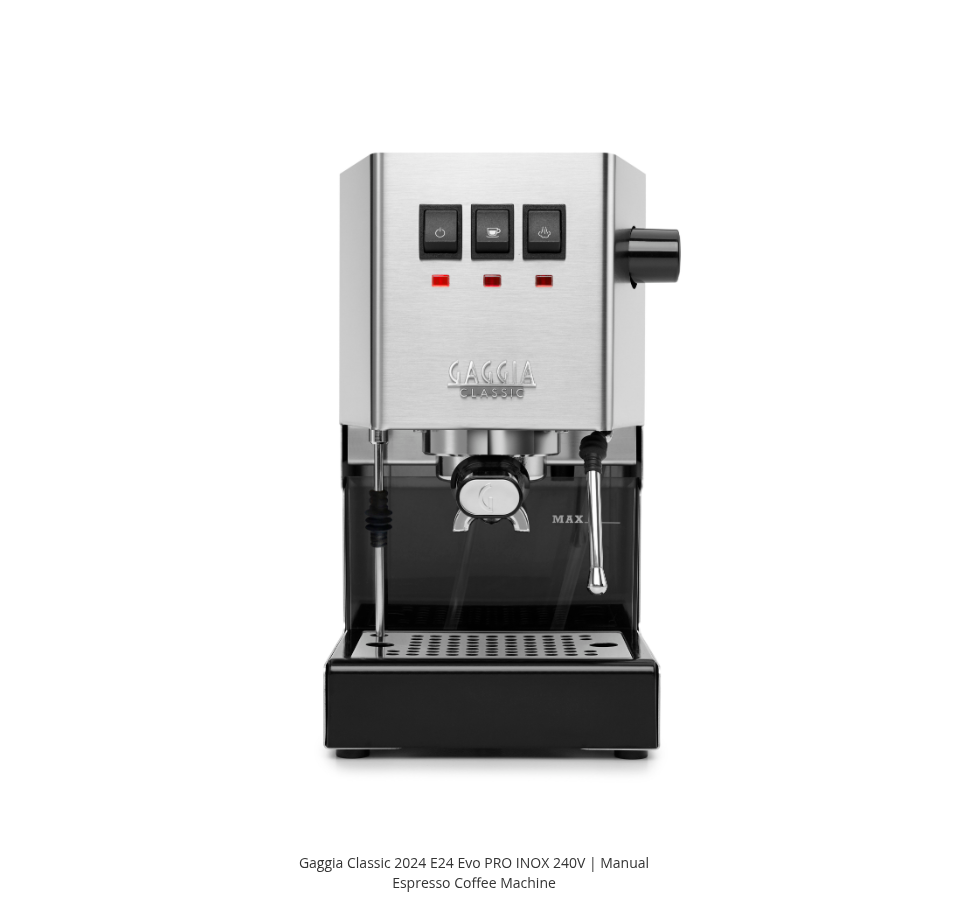Front view of the Gaggia Classic 2024 E24 EVO by Gaggia shows a stainless steel Italian espresso machine with three buttons, steam wand, drip tray, and commercial-style portafilter.