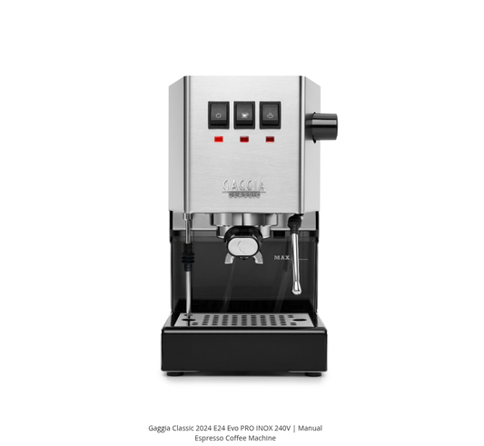 Front view of the Gaggia Classic 2024 E24 EVO by Gaggia shows a stainless steel Italian espresso machine with three buttons, steam wand, drip tray, and commercial-style portafilter.