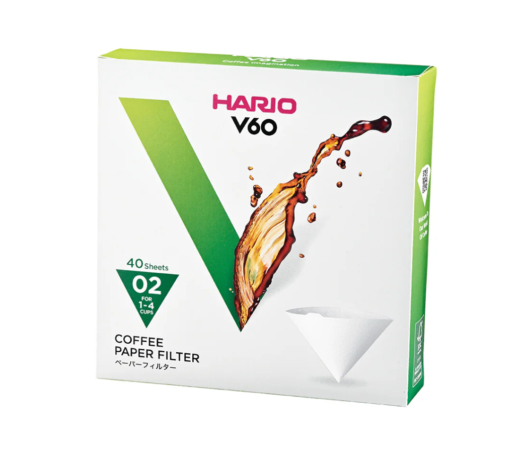 A box of Hario V60 Coffee Filter Papers - Size 02 - White (40 pack) is set against a white background, showcasing the iconic logo and an illustration of coffee splashing, ideal for brewing 1-4 cups.
