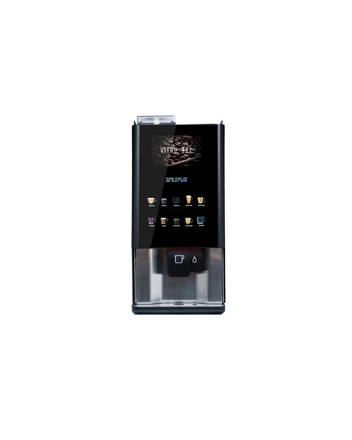A Coffetek Vitro X4 freestanding espresso coffee machine with a digital media screen displaying various beverage options.