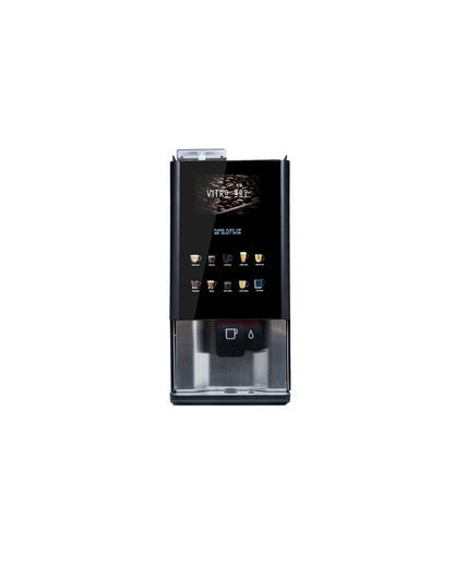 A Coffetek Vitro X4 freestanding espresso coffee machine with a digital media screen displaying various beverage options.