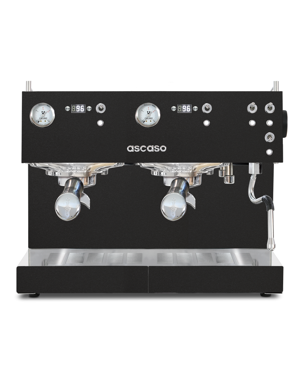 Ascaso BAR Mini professional matte black two-group commercial espresso machine featuring PID control, analog pressure gauges, digital timers, toggle switches, and a steam wand.