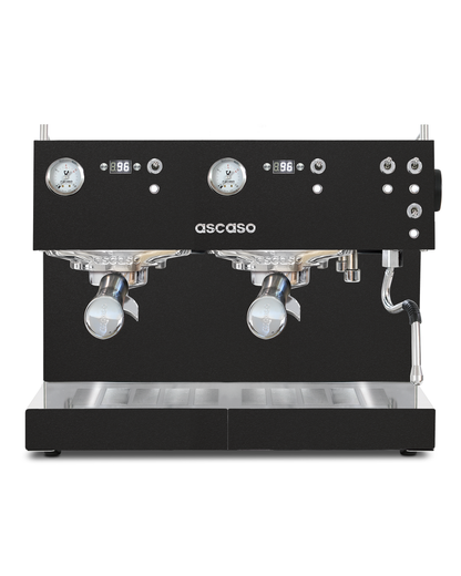 Ascaso BAR Mini professional matte black two-group commercial espresso machine featuring PID control, analog pressure gauges, digital timers, toggle switches, and a steam wand.
