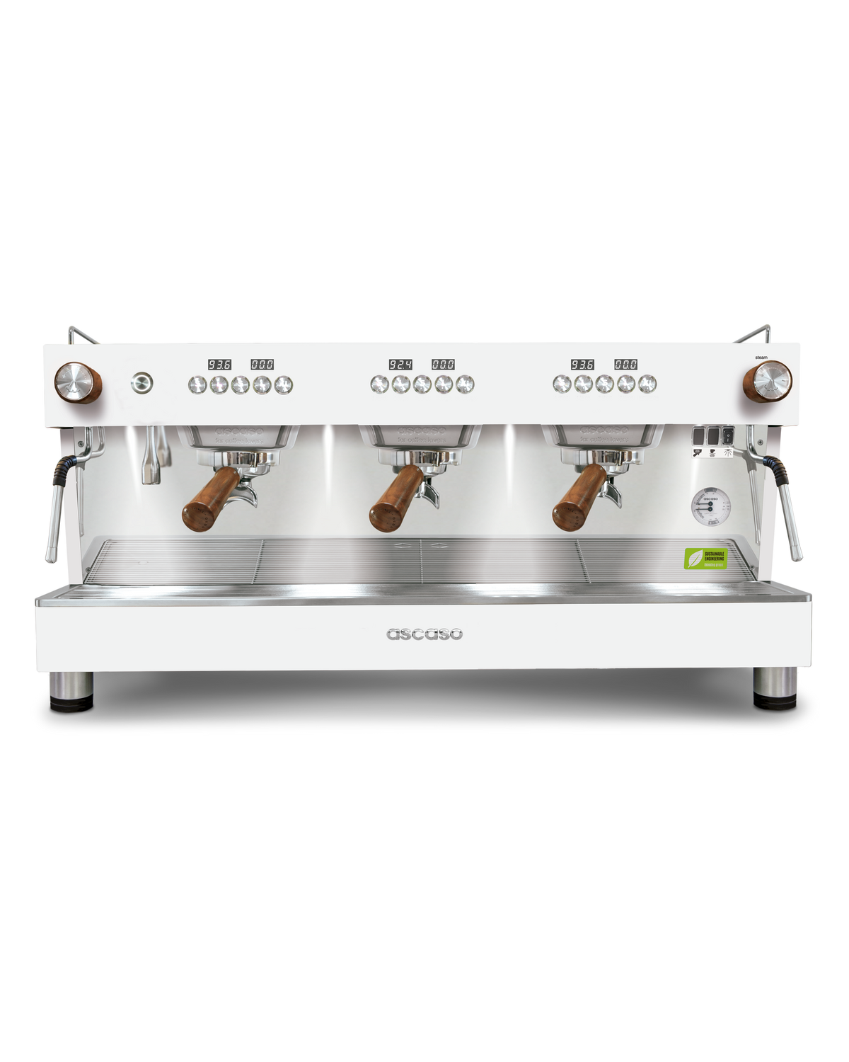 Ascaso Barista T ONE 3 group in white with wooden portafilter handles