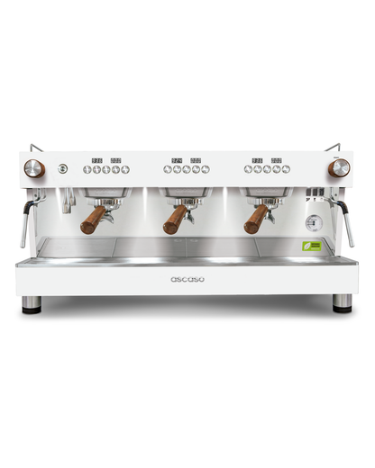 Ascaso Barista T ONE 3 group in white with wooden portafilter handles