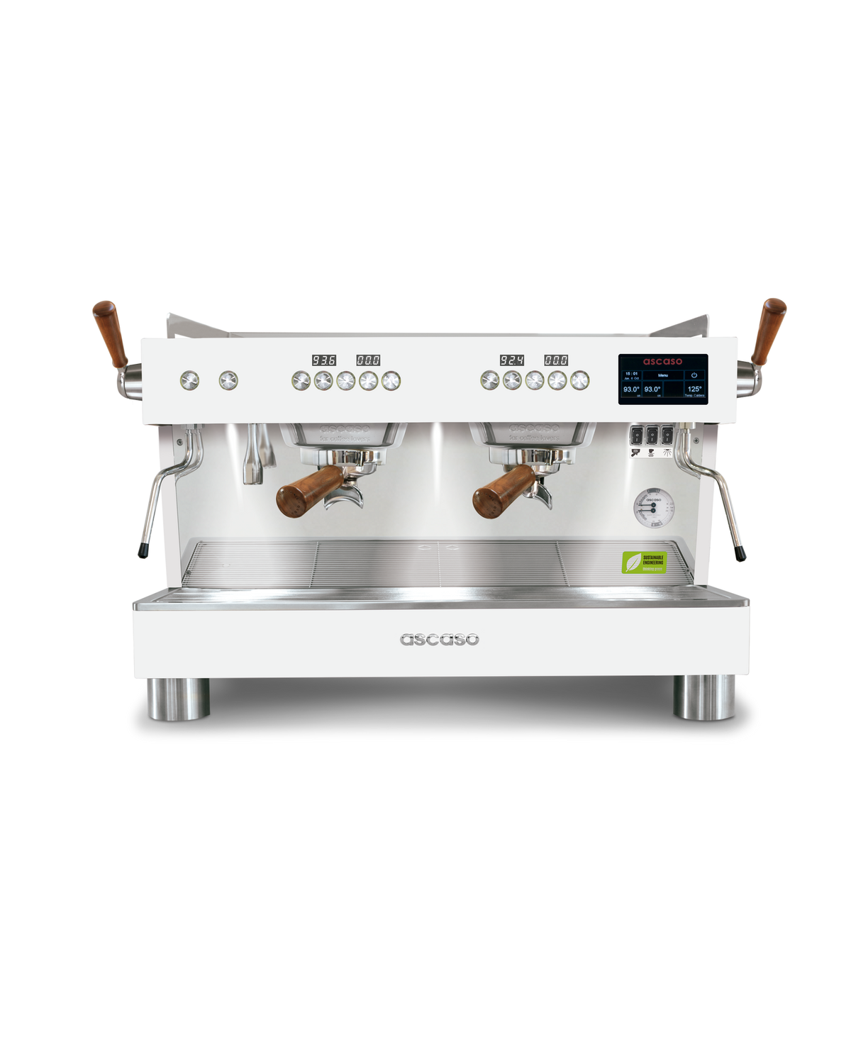 Ascaso Barista T PRO 2 group commercial espresso machine in white with wooden portafilter handles