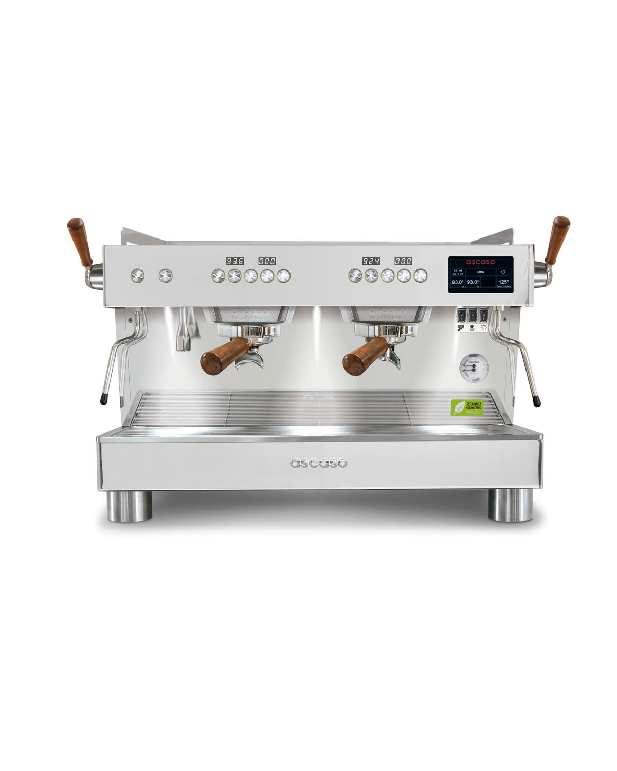 Ascaso Barista T PRO 2 group commercial espresso machine in stainless steel with wooden portafilter handles