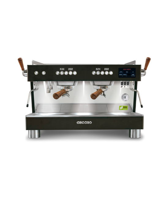 Ascaso Barista T PRO 2 group commercial espresso machine in black with wooden portafilter handles