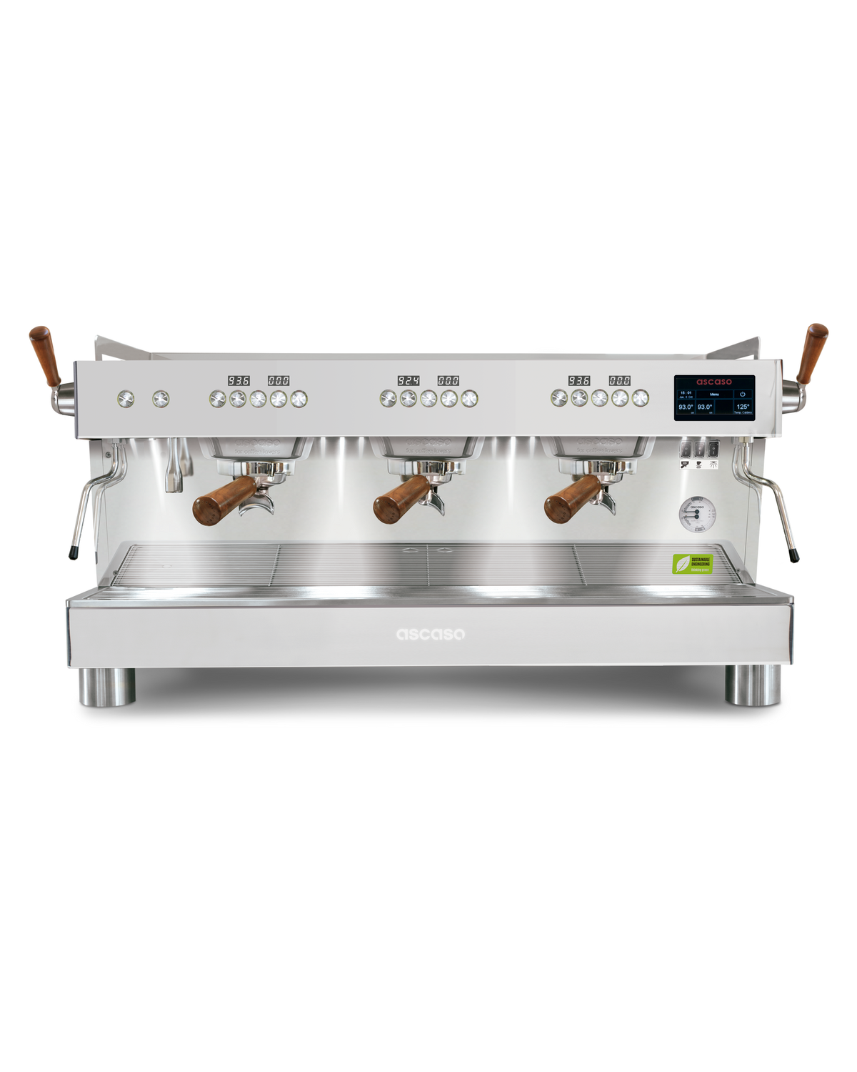 Ascaso Barista T PRO 3 group commercial espresso machine in stainless steel with wooden portafilter handles