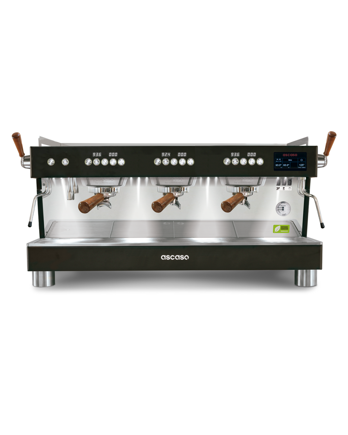 Ascaso Barista T PRO 3 group commercial espresso machine in black with wooden portafilter handles