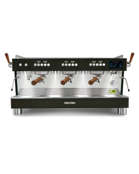 Ascaso Barista T PRO 3 group commercial espresso machine in black with wooden portafilter handles