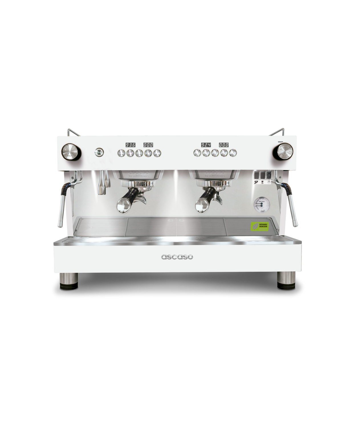 Ascaso Barista T ONE 2 group in white with black portafilter handles