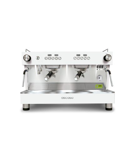 Ascaso Barista T ONE 2 group in white with black portafilter handles