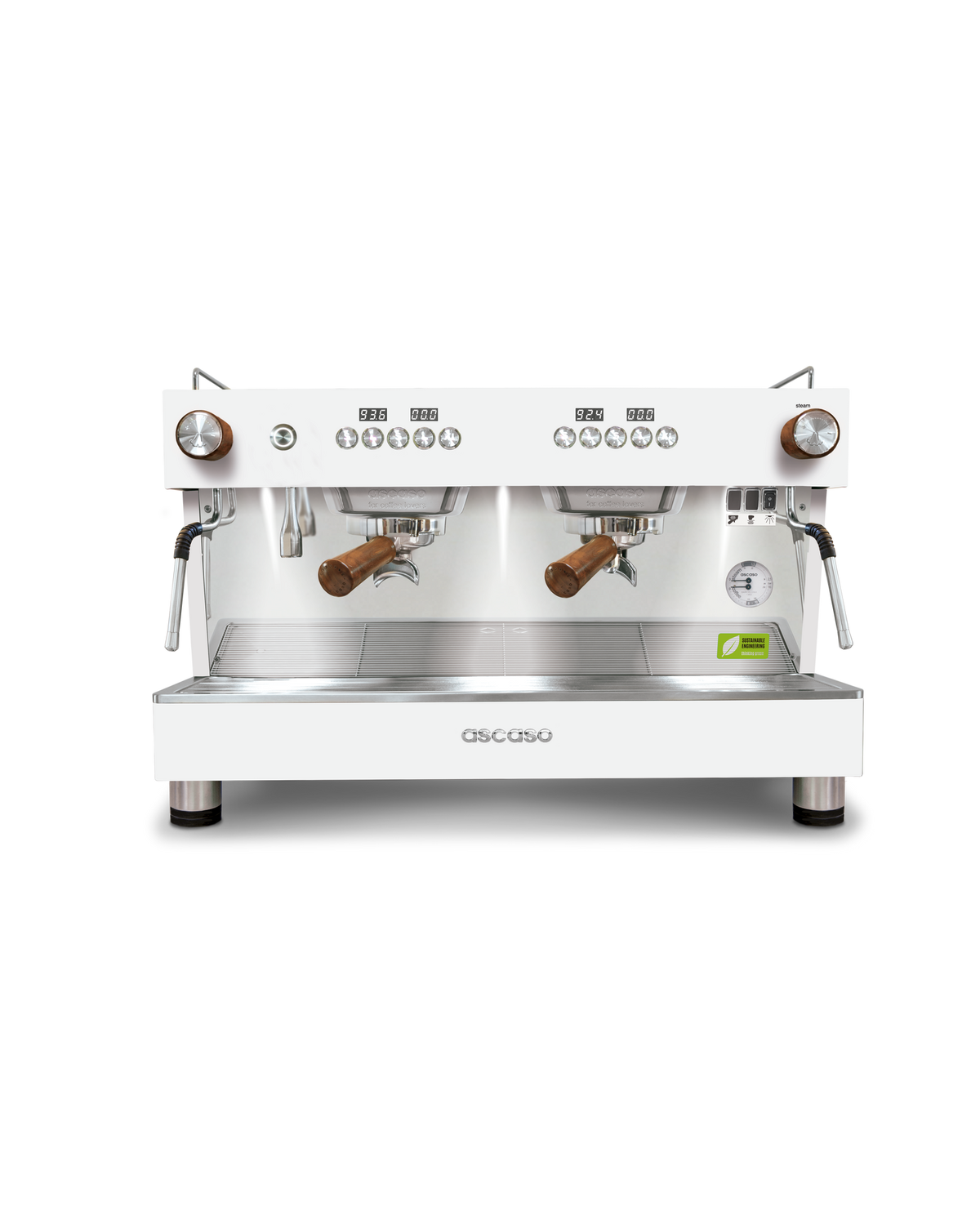 Ascaso Barista T ONE 2 group in white with wooden portafilter handles