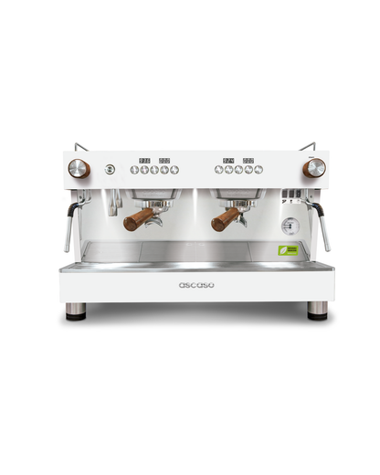 Ascaso Barista T ONE 2 group in white with wooden portafilter handles