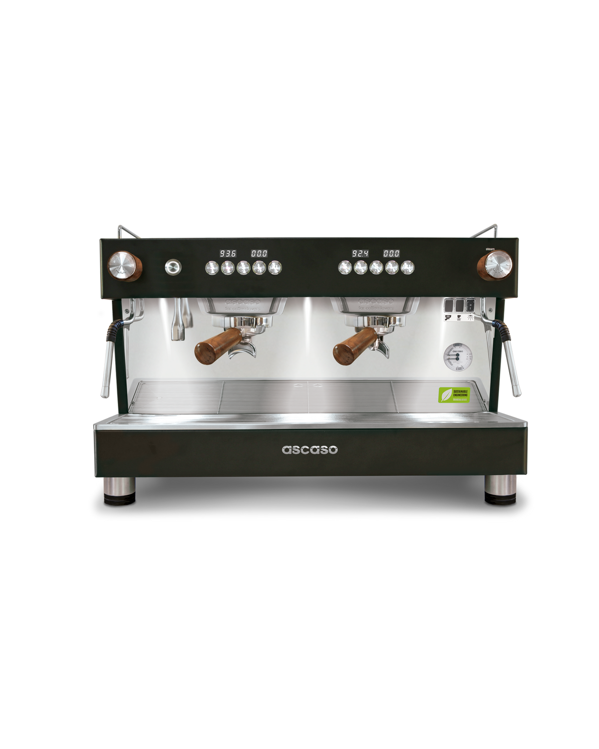Ascaso Barista T ONE 2 group in black with wooden portafilter handles