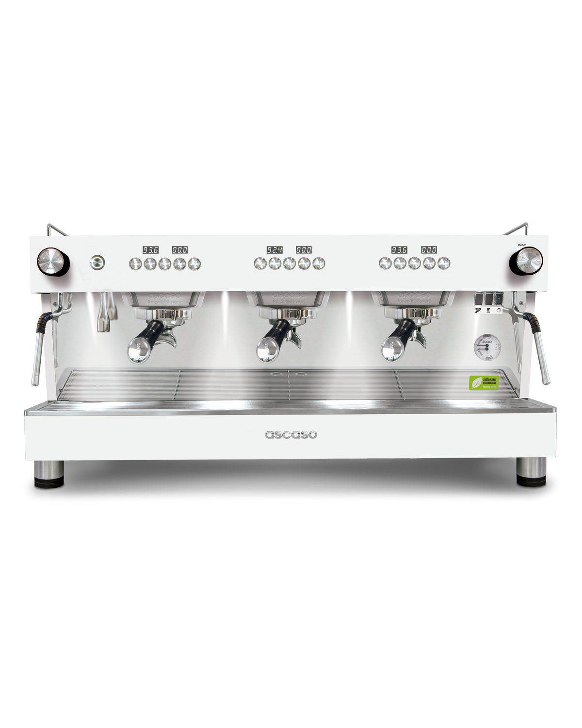 Ascaso Barista T ONE 3 group in white with black portafilter handles