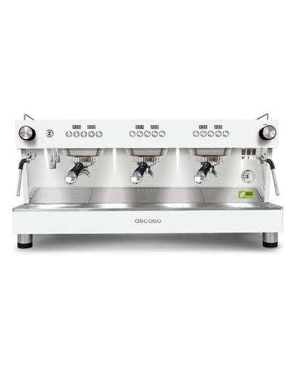 Ascaso Barista T ONE 3 group in white with black portafilter handles
