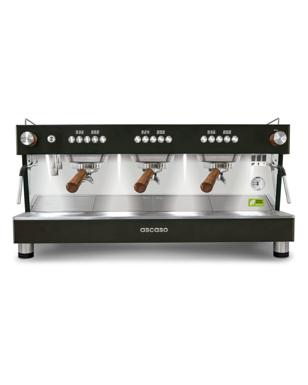 Ascaso Barista T ONE three-group commercial espresso machine with a black body, chrome front panel, wooden portafilter handles, and PID control.
