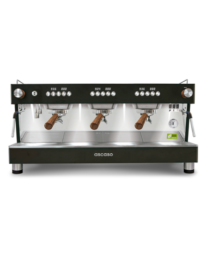 Ascaso Barista T ONE three-group commercial espresso machine with a black body, chrome front panel, wooden portafilter handles, and PID control.