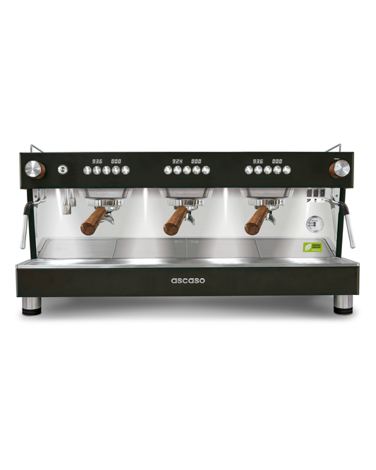 Ascaso Barista T ONE three-group commercial espresso machine with a black body, chrome front panel, wooden portafilter handles, and PID control.