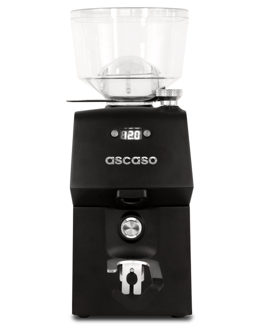 Black Ascaso H64 grinder with 64mm flat burrs, a clear bean hopper, a digital timer display, and a portafilter cradle.