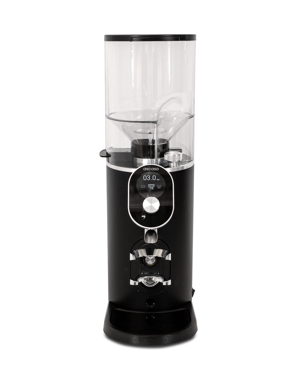 Black Ascaso P74 Grinder with a clear hopper and a digital display screen above a portafilter cradle.