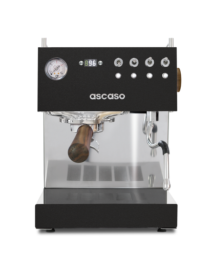 Ascaso Steel UNO PID espresso machine in black and stainless steel, featuring a pressure gauge, digital PID temperature display, toggle switches, and a portafilter with a wooden handle.
