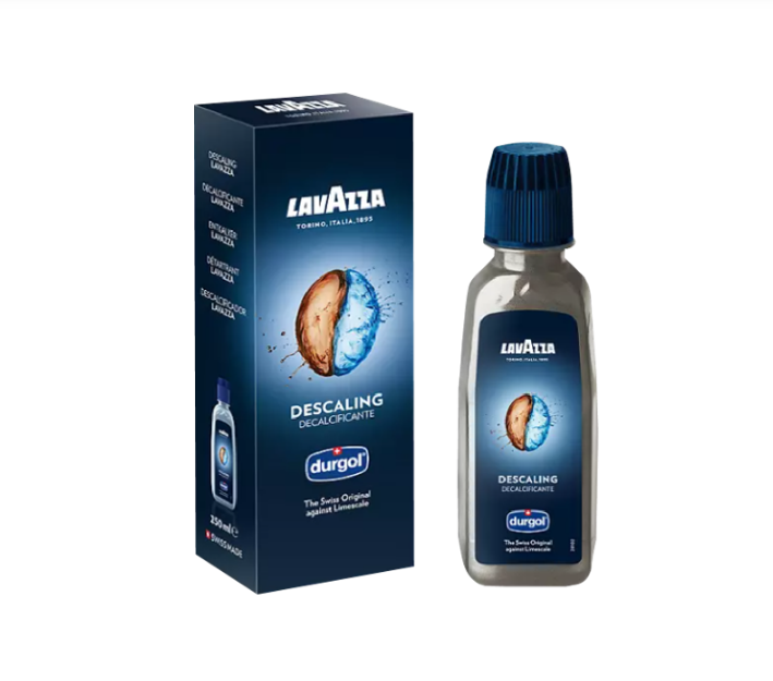 A bottle of Lavazza Blue Descaler Liquid, perfect for coffee machines, features a blue cap next to its box. The packaging displays the Lavazza logo and an image of a coffee bean splashing through water, with text promoting it as a durgol descaler liquid.